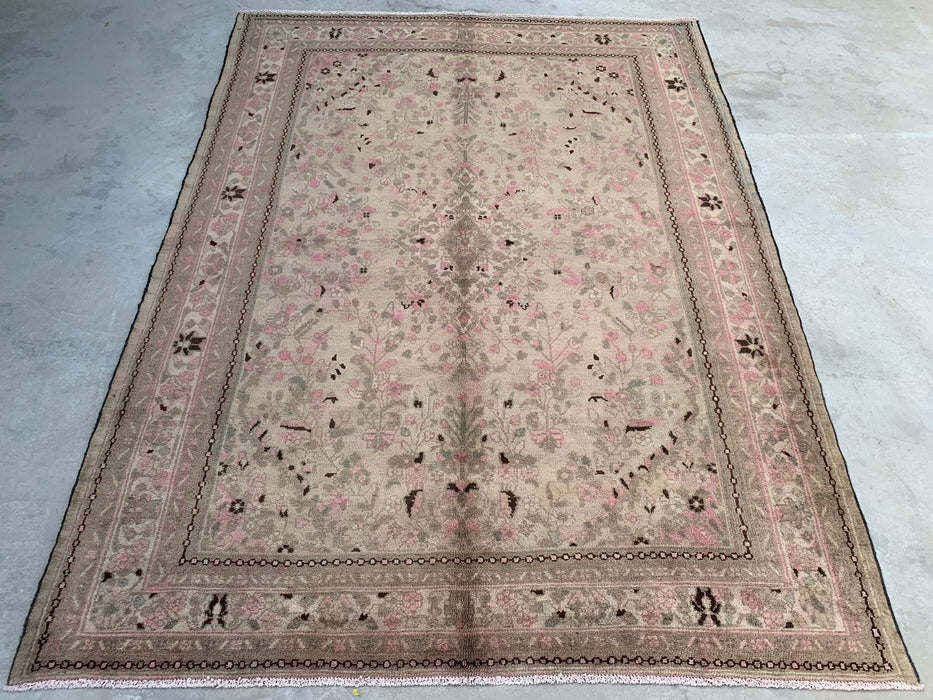 9'7" x 7'1" Hand-Knotted Persian Wool Rug – Beige, Taupe & Blush Vintage Floral Design – KBHM-719