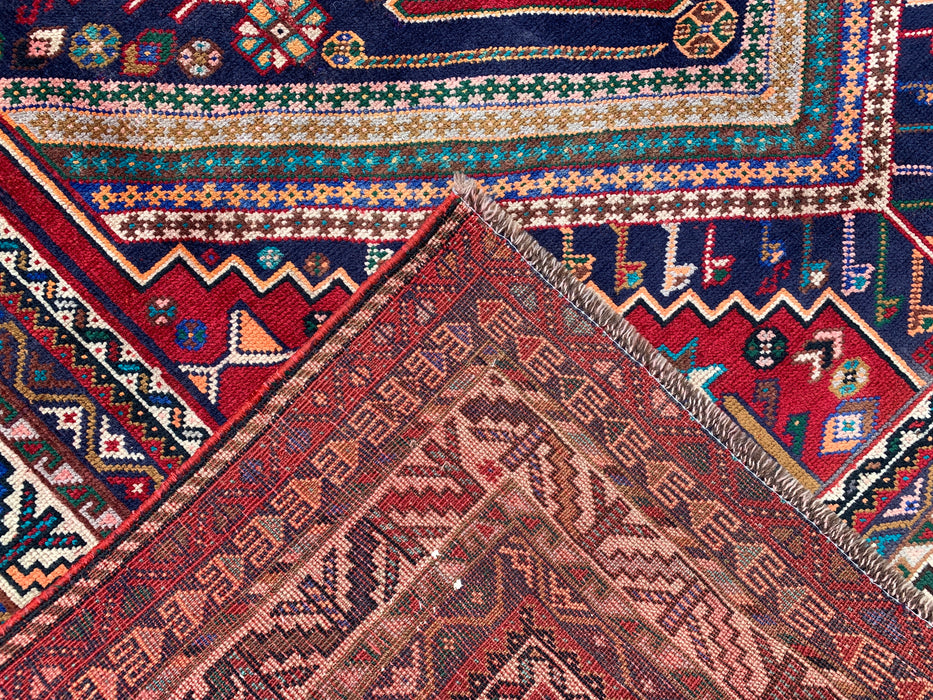 Handmade Persian Wool Area Rug 7x10 - Red, Navy & Ivory Tribal Medallion Persian Style Rug - Exact Size 8'10" x 6'2" - KBHM-720