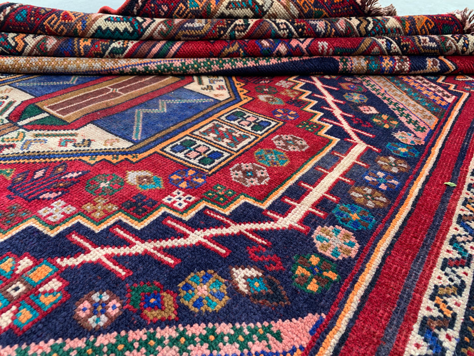 Handmade Persian Wool Area Rug 7x10 - Red, Navy & Ivory Tribal Medallion Persian Style Rug - Exact Size 8'10" x 6'2" - KBHM-720