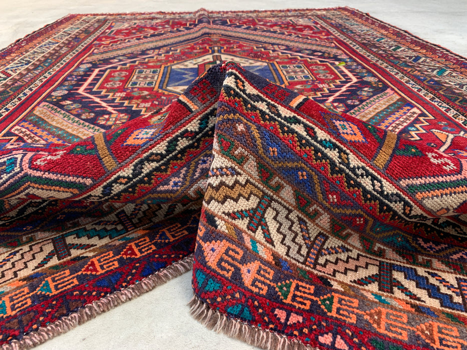 Handmade Persian Wool Area Rug 7x10 - Red, Navy & Ivory Tribal Medallion Persian Style Rug - Exact Size 8'10" x 6'2" - KBHM-720
