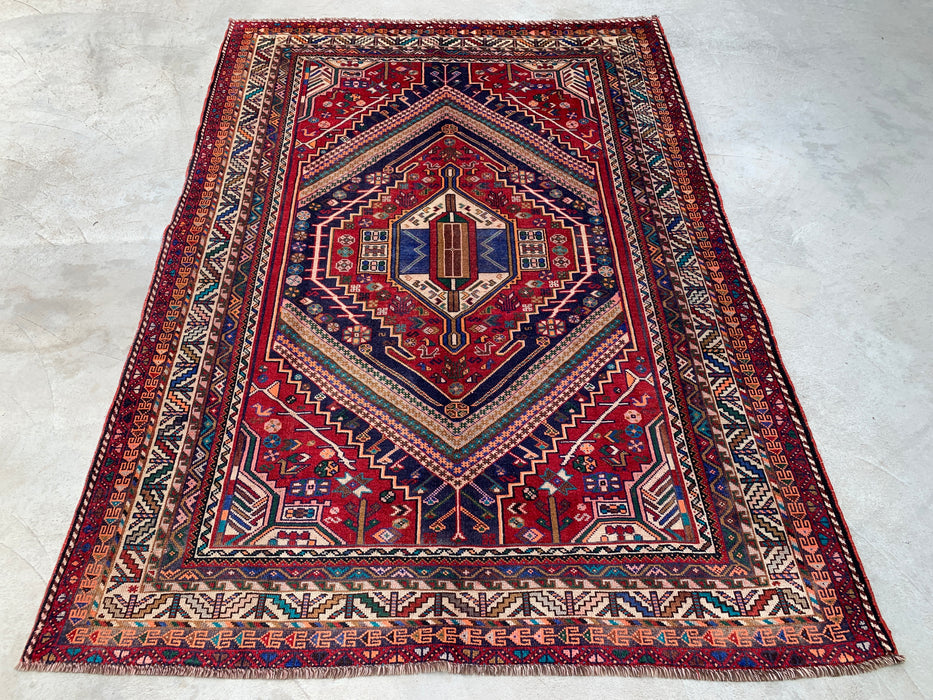 Handmade Persian Wool Area Rug 7x10 - Red, Navy & Ivory Tribal Medallion Persian Style Rug - Exact Size 8'10" x 6'2" - KBHM-720