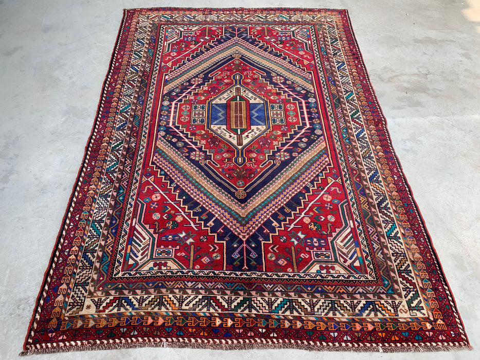 Handmade Persian Wool Area Rug 7x10 - Red, Navy & Ivory Tribal Medallion Persian Style Rug - Exact Size 8'10" x 6'2" - KBHM-720