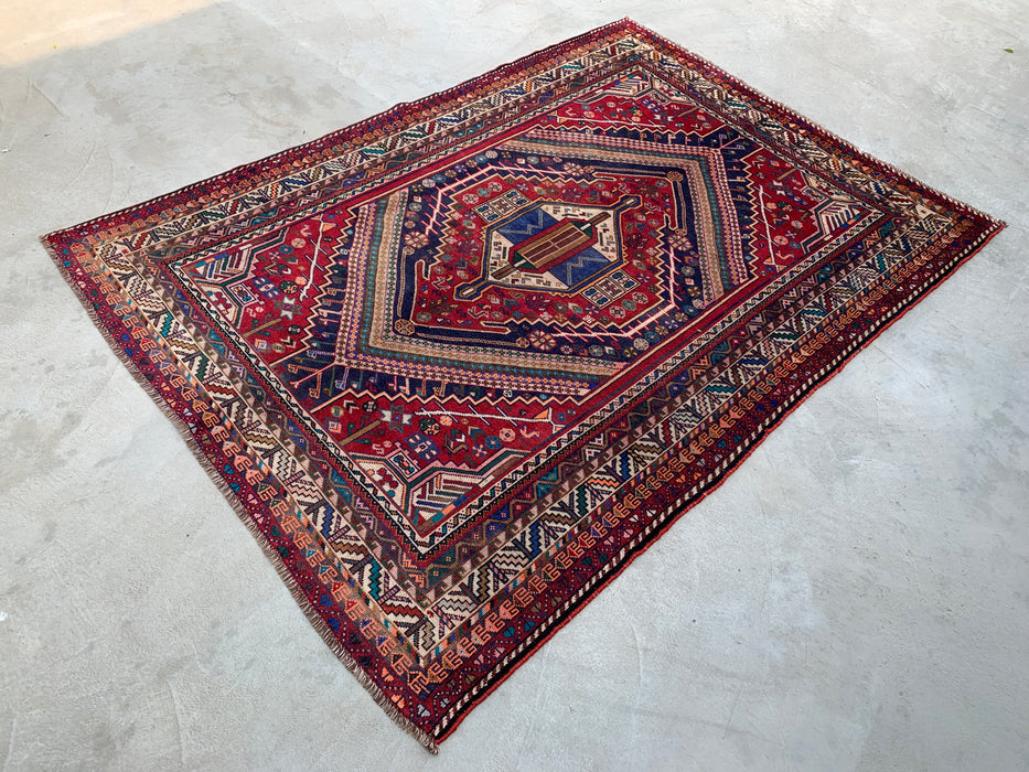 Handmade Persian Wool Area Rug 7x10 - Red, Navy & Ivory Tribal Medallion Persian Style Rug - Exact Size 8'10" x 6'2" - KBHM-720