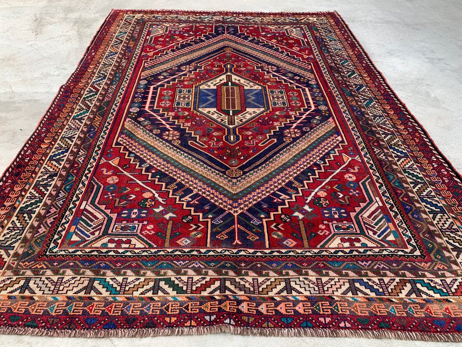 Handmade Persian Wool Area Rug 7x10 - Red, Navy & Ivory Tribal Medallion Persian Style Rug - Exact Size 8'10" x 6'2" - KBHM-720