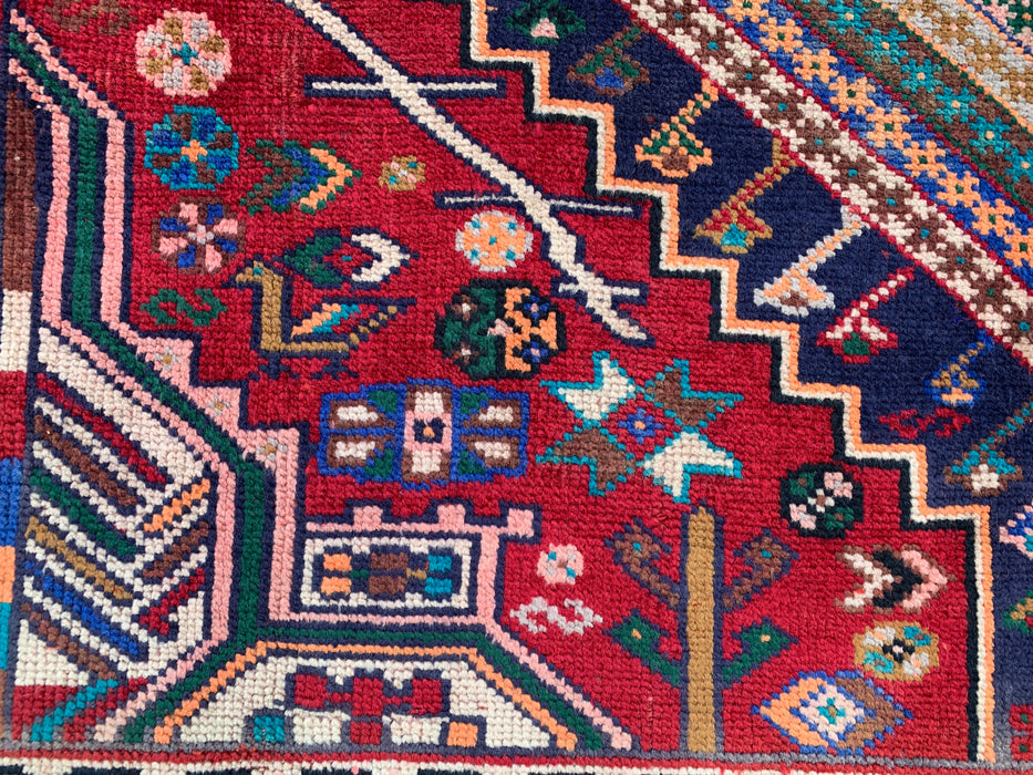 Handmade Persian Wool Area Rug 7x10 - Red, Navy & Ivory Tribal Medallion Persian Style Rug - Exact Size 8'10" x 6'2" - KBHM-720
