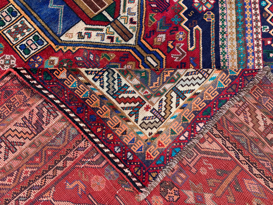 Handmade Persian Wool Area Rug 7x10 - Red, Navy & Ivory Tribal Medallion Persian Style Rug - Exact Size 8'10" x 6'2" - KBHM-720