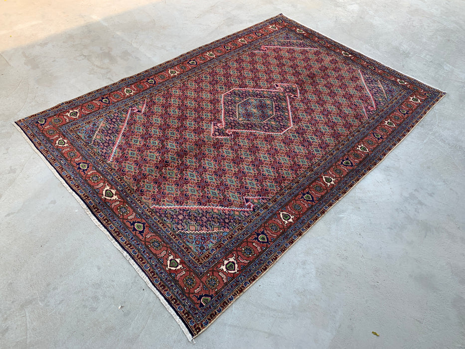 Handmade Persian Wool Area Rug 7x10 - Rose, Blue & Ivory Vintage Medallion Persian Style Rug - Exact Size 9'5" x 6'4" - KBHM-721