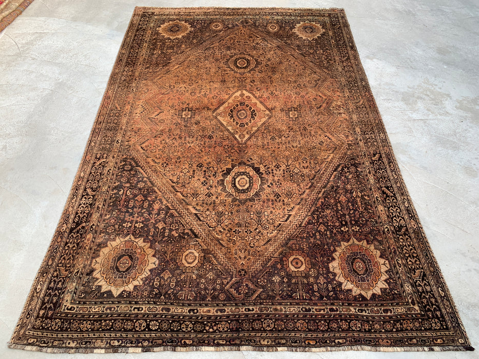 Handmade Persian Wool Area Rug 7x10 - Brown, Beige & Ivory Vintage Medallion Persian Style Rug - Exact Size 10'3" x 6'9" - KBHM-722