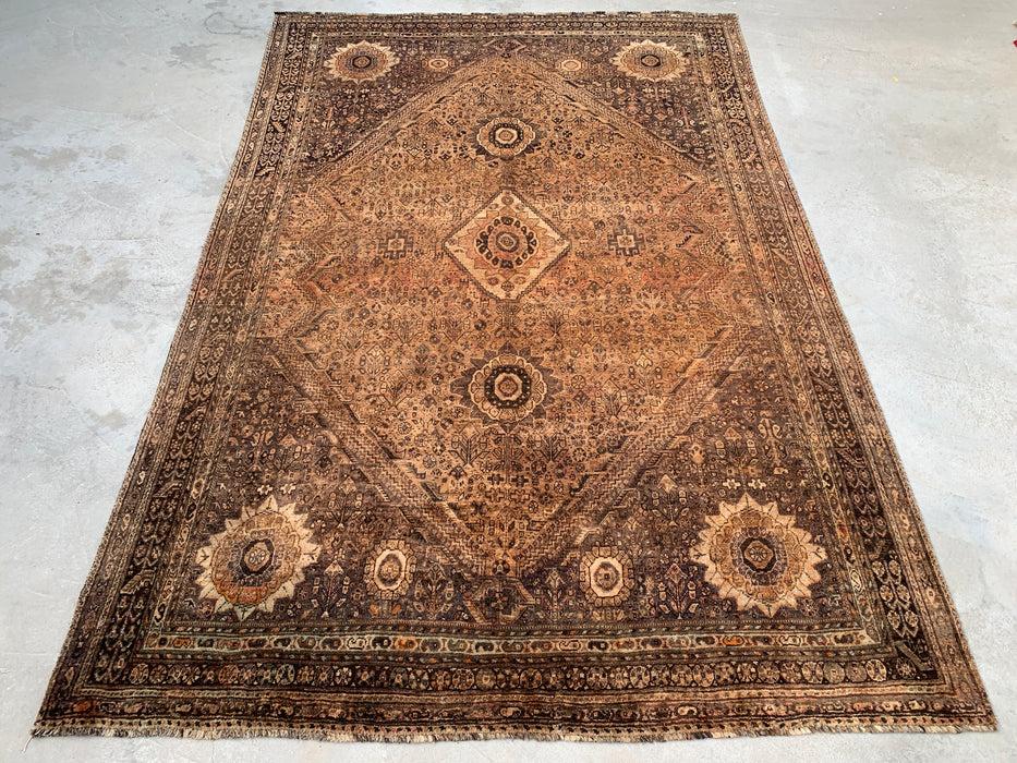 Handmade Persian Wool Area Rug 7x10 - Brown, Beige & Ivory Vintage Medallion Persian Style Rug - Exact Size 10'3" x 6'9" - KBHM-722