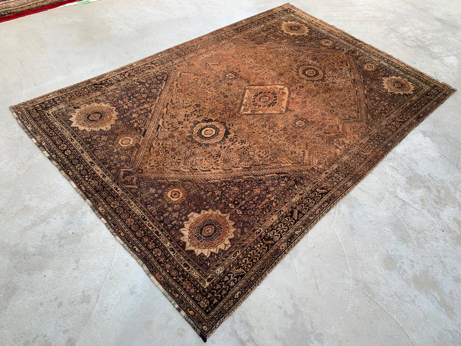 Handmade Persian Wool Area Rug 7x10 - Brown, Beige & Ivory Vintage Medallion Persian Style Rug - Exact Size 10'3" x 6'9" - KBHM-722