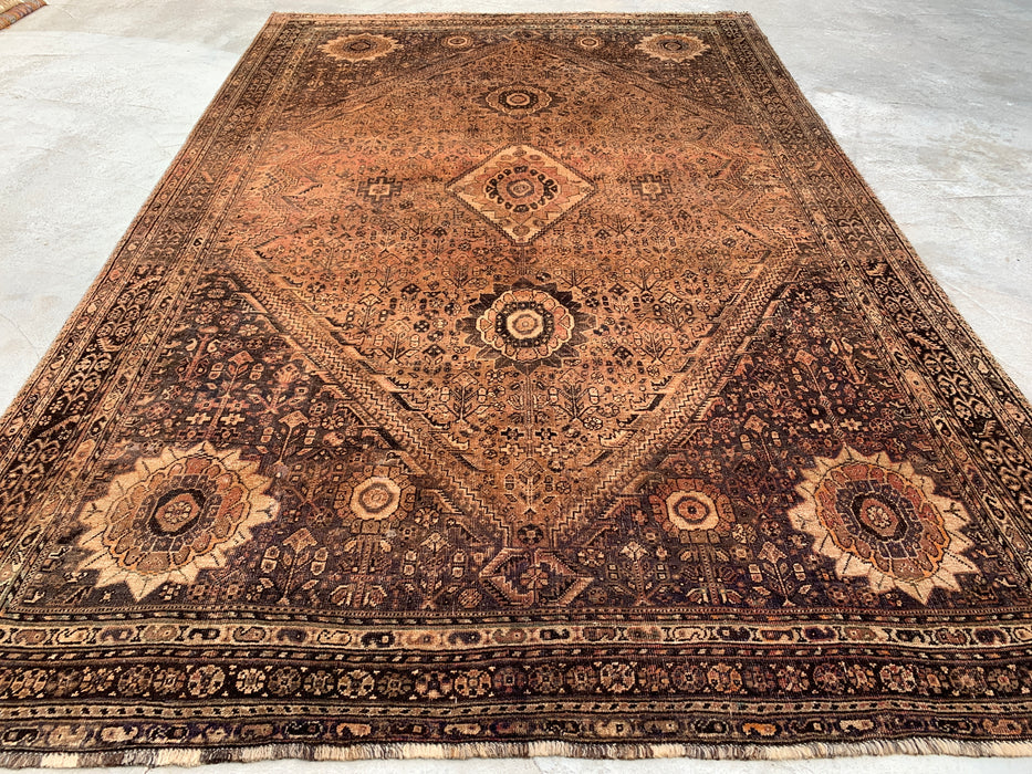 Handmade Persian Wool Area Rug 7x10 - Brown, Beige & Ivory Vintage Medallion Persian Style Rug - Exact Size 10'3" x 6'9" - KBHM-722