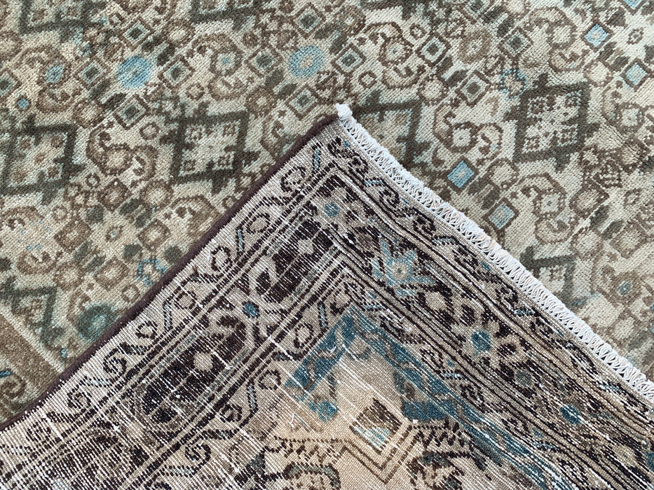 Handmade Persian Wool Area Rug 7x10 - Beige, Brown & Soft Blue Vintage Geometric Medallion Persian Style Rug - Exact Size 11'0" x 5'5" - KBHM-723