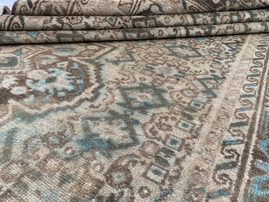 Handmade Persian Wool Area Rug 7x10 - Beige, Brown & Soft Blue Vintage Geometric Medallion Persian Style Rug - Exact Size 11'0" x 5'5" - KBHM-723