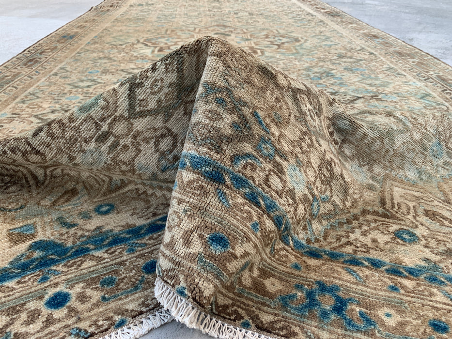 Handmade Persian Wool Area Rug 7x10 - Beige, Brown & Soft Blue Vintage Geometric Medallion Persian Style Rug - Exact Size 11'0" x 5'5" - KBHM-723