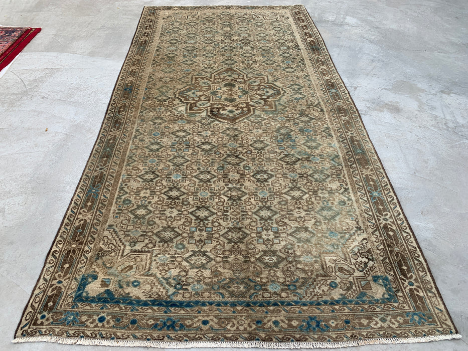 Handmade Persian Wool Area Rug 7x10 - Beige, Brown & Soft Blue Vintage Geometric Medallion Persian Style Rug - Exact Size 11'0" x 5'5" - KBHM-723