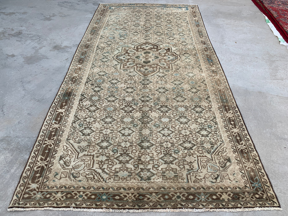 Handmade Persian Wool Area Rug 7x10 - Beige, Brown & Soft Blue Vintage Geometric Medallion Persian Style Rug - Exact Size 11'0" x 5'5" - KBHM-723