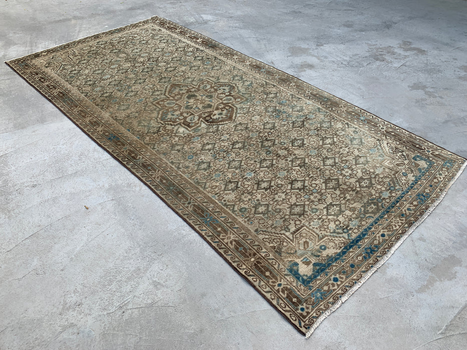 Handmade Persian Wool Area Rug 7x10 - Beige, Brown & Soft Blue Vintage Geometric Medallion Persian Style Rug - Exact Size 11'0" x 5'5" - KBHM-723