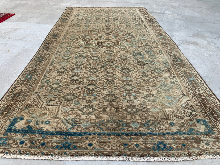 Handmade Persian Wool Area Rug 7x10 - Beige, Brown & Soft Blue Vintage Geometric Medallion Persian Style Rug - Exact Size 11'0" x 5'5" - KBHM-723