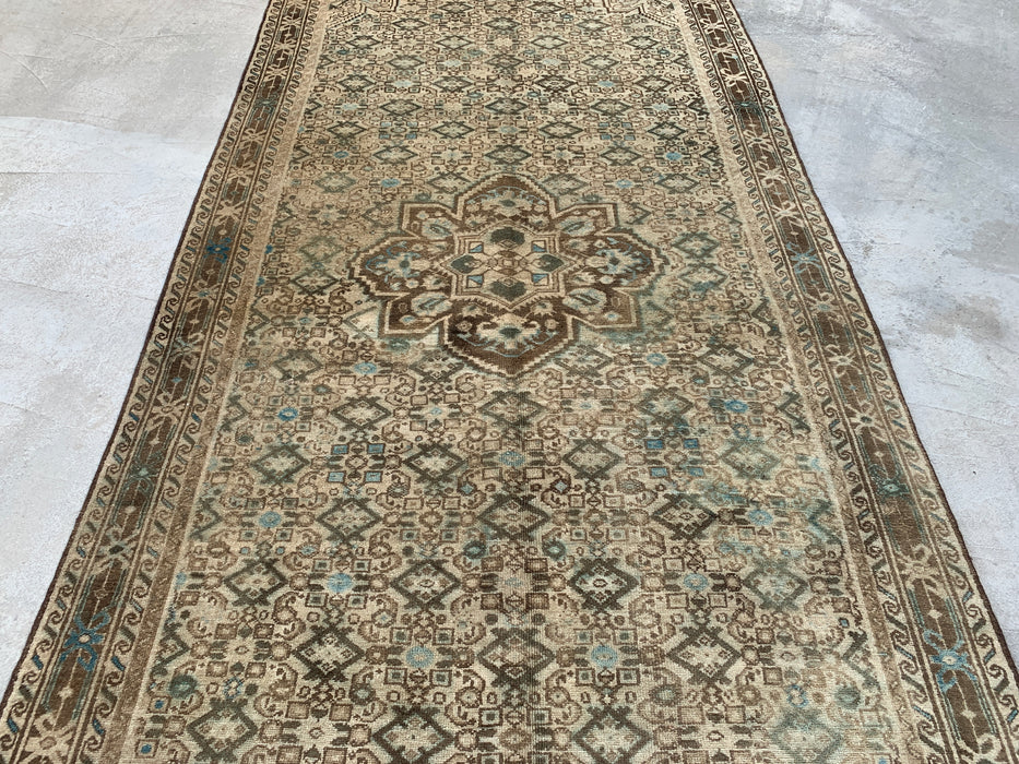 Handmade Persian Wool Area Rug 7x10 - Beige, Brown & Soft Blue Vintage Geometric Medallion Persian Style Rug - Exact Size 11'0" x 5'5" - KBHM-723