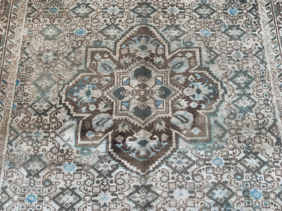 Handmade Persian Wool Area Rug 7x10 - Beige, Brown & Soft Blue Vintage Geometric Medallion Persian Style Rug - Exact Size 11'0" x 5'5" - KBHM-723