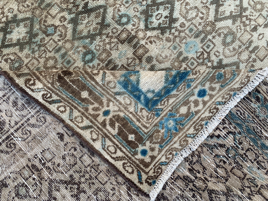 Handmade Persian Wool Area Rug 7x10 - Beige, Brown & Soft Blue Vintage Geometric Medallion Persian Style Rug - Exact Size 11'0" x 5'5" - KBHM-723