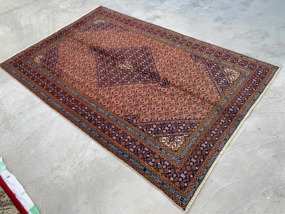 Handmade Persian Wool Area Rug 7x10 - Rose, Navy & Ivory Vintage Medallion Persian Style Rug - Exact Size 9'6" x 6'4" - KBHM-724