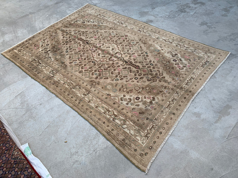 Handmade Persian Wool Area Rug 7x10 - Beige, Taupe & Soft Pink Vintage Medallion Persian Style Rug - Exact Size 9'9" x 6'9" - KBHM-725