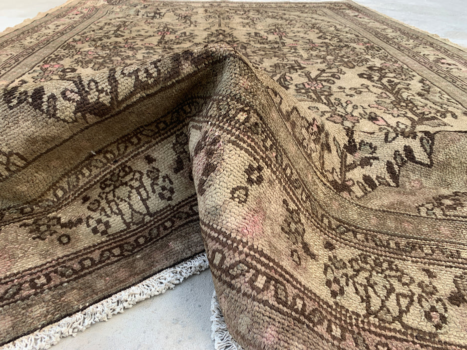 Handmade Persian Wool Area Rug 7x10 - Beige, Taupe & Soft Pink Vintage Floral Persian Style Rug - Exact Size 9'10" x 6'11" - KBHM-726