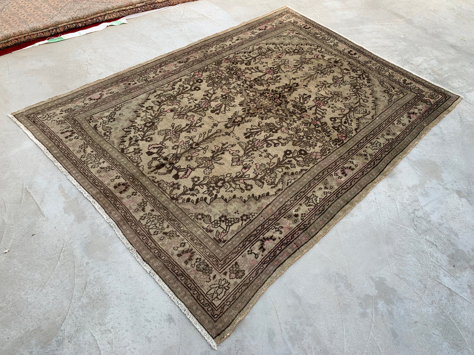 Handmade Persian Wool Area Rug 7x10 - Beige, Taupe & Soft Pink Vintage Floral Persian Style Rug - Exact Size 9'10" x 6'11" - KBHM-726