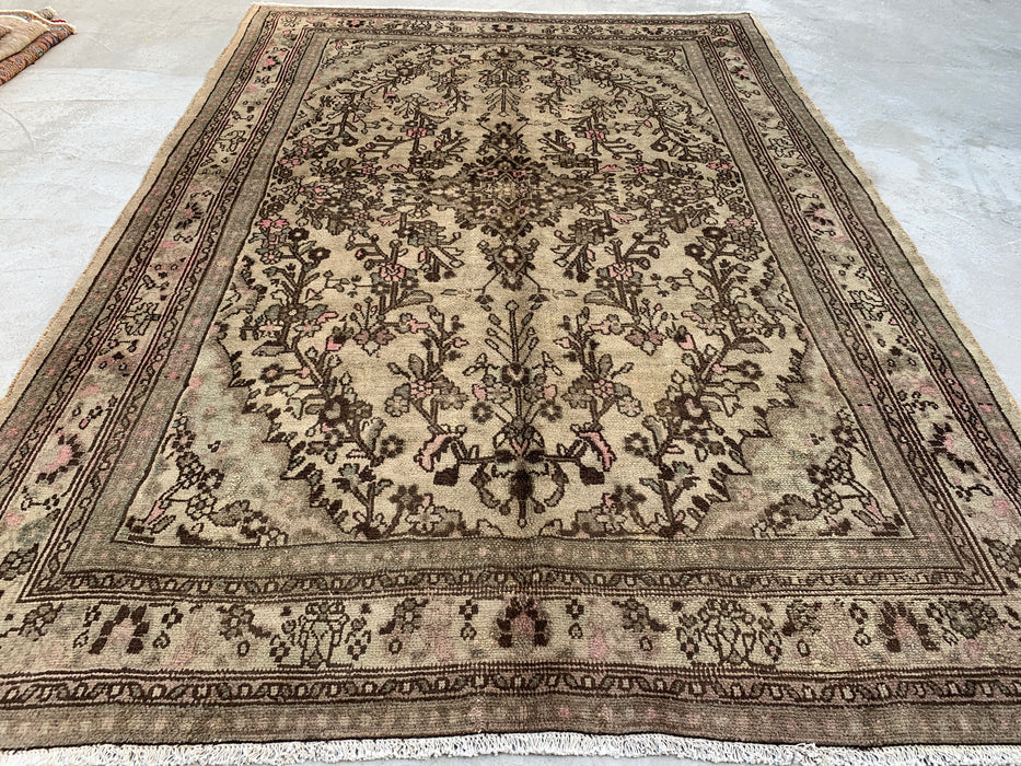 Handmade Persian Wool Area Rug 7x10 - Beige, Taupe & Soft Pink Vintage Floral Persian Style Rug - Exact Size 9'10" x 6'11" - KBHM-726