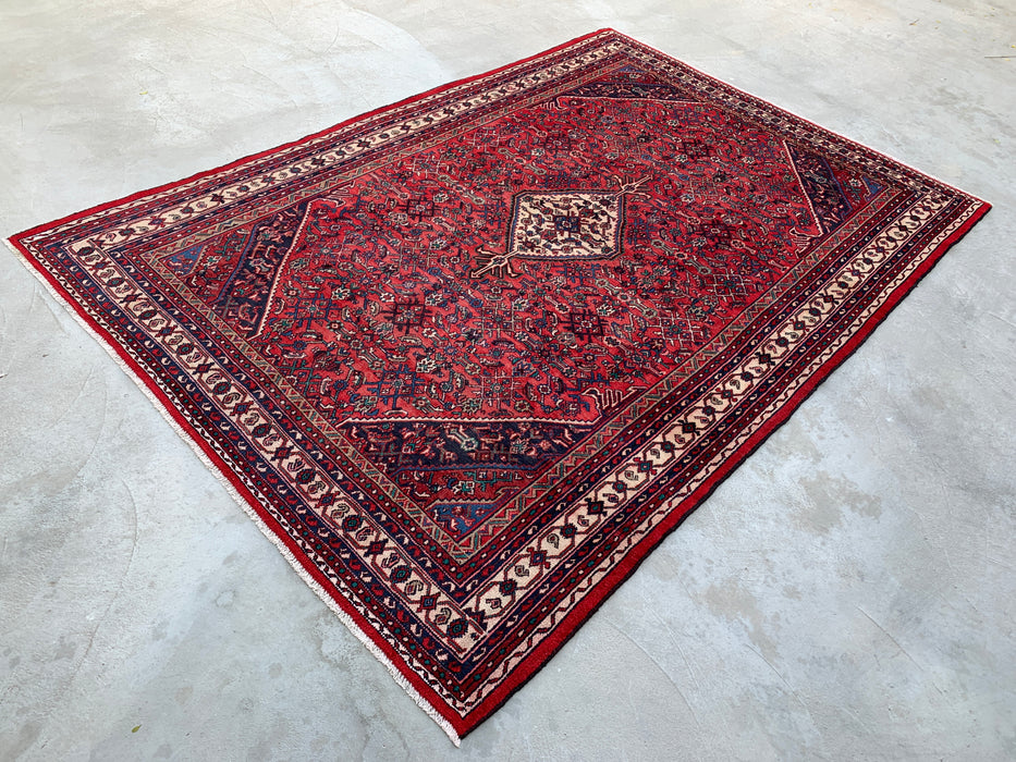 12'2" x 8'6" Hand-Knotted Persian Wool Rug – Red, Navy & Ivory Tribal Medallion Design – KBHM-727