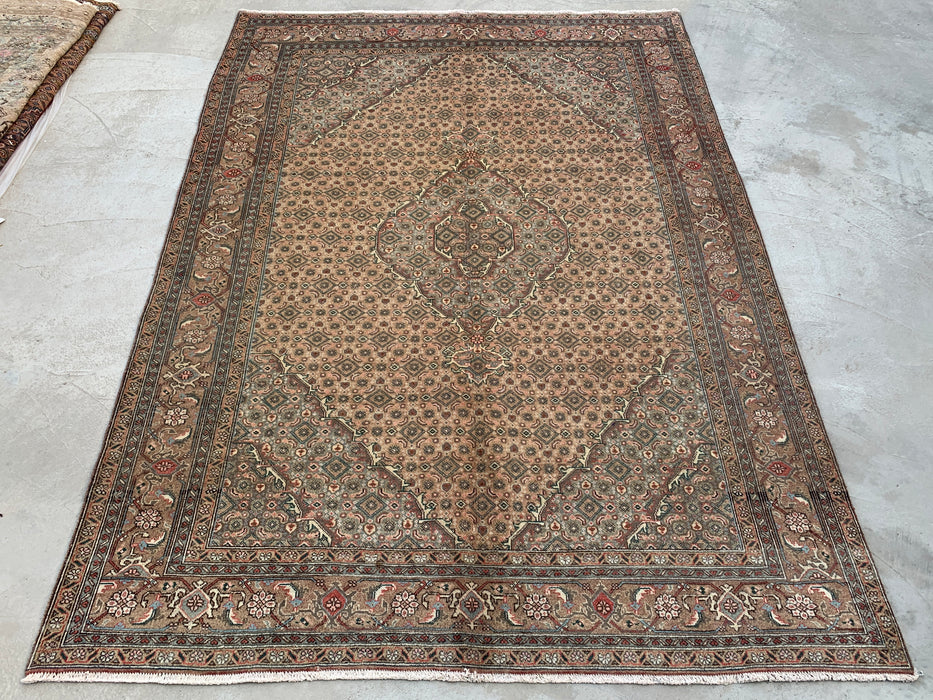 Handmade Persian Wool Area Rug 7x10 - Beige, Taupe & Soft Blue Vintage Medallion Persian Style Rug - Exact Size 9'1" x 6'4" - KBHM-728