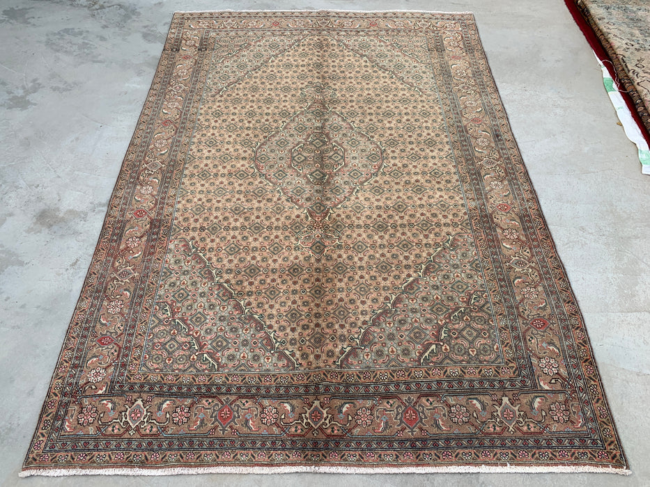 Handmade Persian Wool Area Rug 7x10 - Beige, Taupe & Soft Blue Vintage Medallion Persian Style Rug - Exact Size 9'1" x 6'4" - KBHM-728