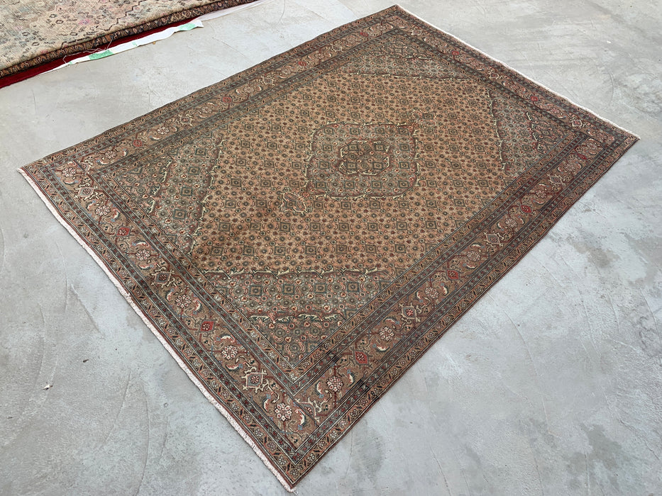 Handmade Persian Wool Area Rug 7x10 - Beige, Taupe & Soft Blue Vintage Medallion Persian Style Rug - Exact Size 9'1" x 6'4" - KBHM-728