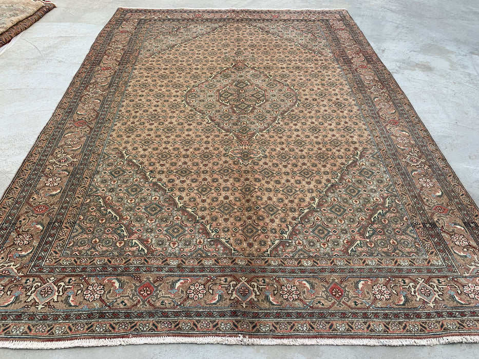 Handmade Persian Wool Area Rug 7x10 - Beige, Taupe & Soft Blue Vintage Medallion Persian Style Rug - Exact Size 9'1" x 6'4" - KBHM-728