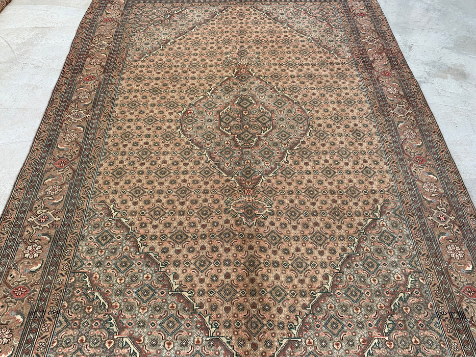 Handmade Persian Wool Area Rug 7x10 - Beige, Taupe & Soft Blue Vintage Medallion Persian Style Rug - Exact Size 9'1" x 6'4" - KBHM-728