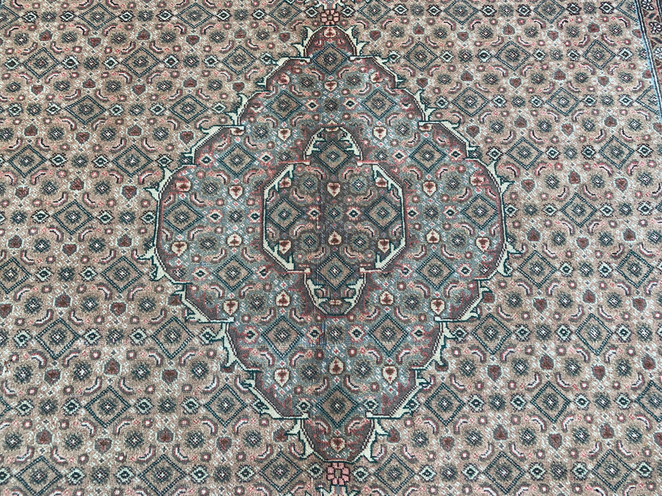 Handmade Persian Wool Area Rug 7x10 - Beige, Taupe & Soft Blue Vintage Medallion Persian Style Rug - Exact Size 9'1" x 6'4" - KBHM-728