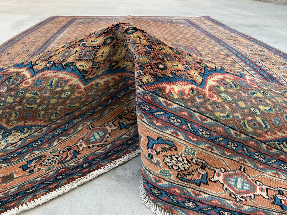 Handmade Persian Wool Area Rug 7x10 - Beige, Blue & Brown Vintage Medallion Persian Style Rug - Exact Size 9'4" x 6'3" - KBHM-729