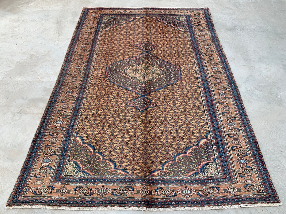 Handmade Persian Wool Area Rug 7x10 - Beige, Blue & Brown Vintage Medallion Persian Style Rug - Exact Size 9'4" x 6'3" - KBHM-729