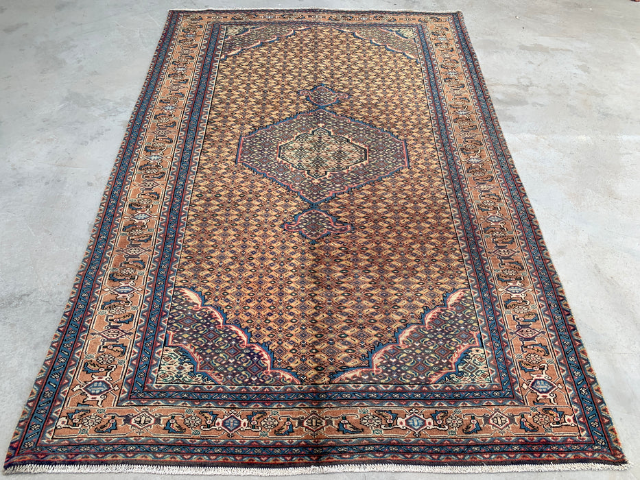 Handmade Persian Wool Area Rug 7x10 - Beige, Blue & Brown Vintage Medallion Persian Style Rug - Exact Size 9'4" x 6'3" - KBHM-729