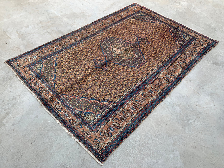Handmade Persian Wool Area Rug 7x10 - Beige, Blue & Brown Vintage Medallion Persian Style Rug - Exact Size 9'4" x 6'3" - KBHM-729
