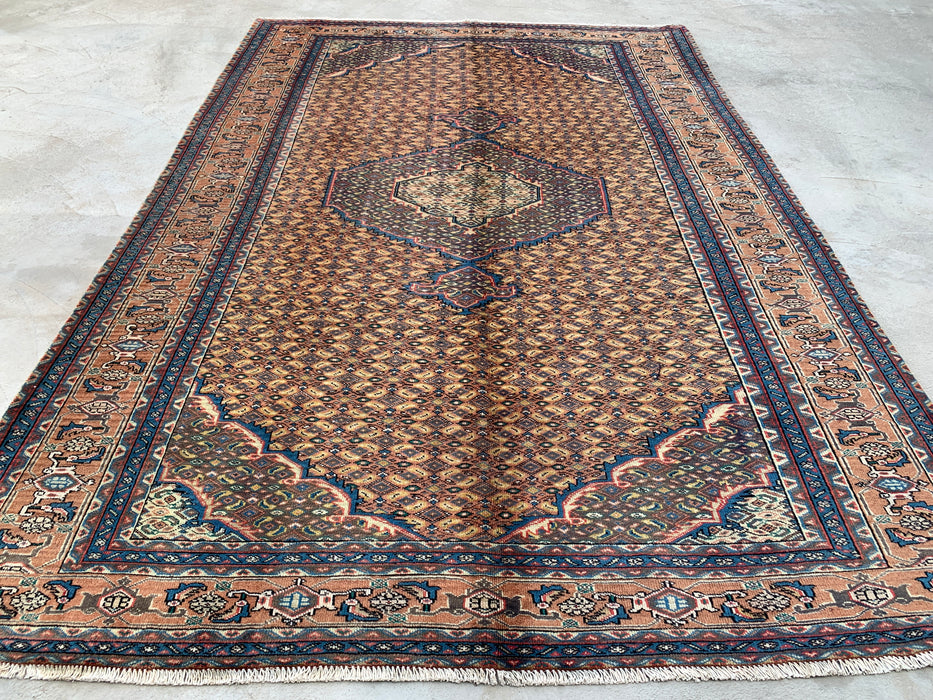 Handmade Persian Wool Area Rug 7x10 - Beige, Blue & Brown Vintage Medallion Persian Style Rug - Exact Size 9'4" x 6'3" - KBHM-729