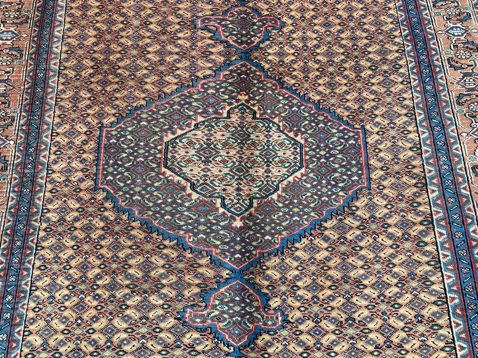 Handmade Persian Wool Area Rug 7x10 - Beige, Blue & Brown Vintage Medallion Persian Style Rug - Exact Size 9'4" x 6'3" - KBHM-729