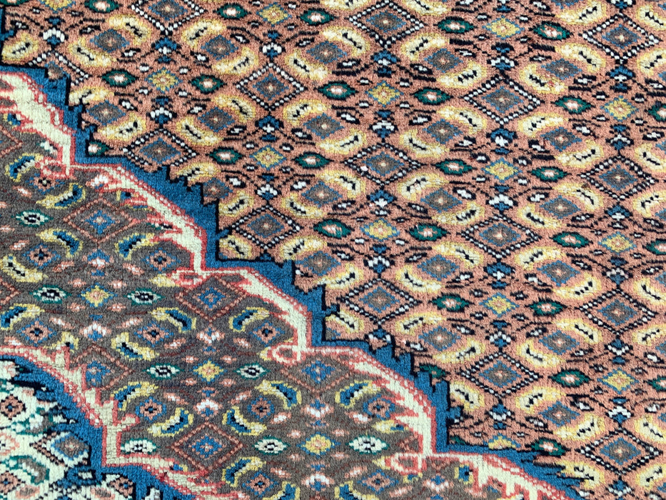Handmade Persian Wool Area Rug 7x10 - Beige, Blue & Brown Vintage Medallion Persian Style Rug - Exact Size 9'4" x 6'3" - KBHM-729
