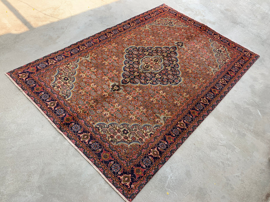 Handmade Persian Wool Area Rug 7x10 - Rose, Navy & Ivory Floral Medallion Persian Style Rug - Exact Size 9'3" x 6'2" - KBHM-730
