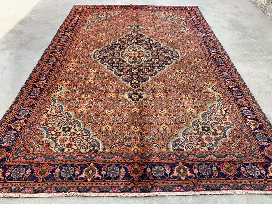 Handmade Persian Wool Area Rug 7x10 - Rose, Navy & Ivory Floral Medallion Persian Style Rug - Exact Size 9'3" x 6'2" - KBHM-730