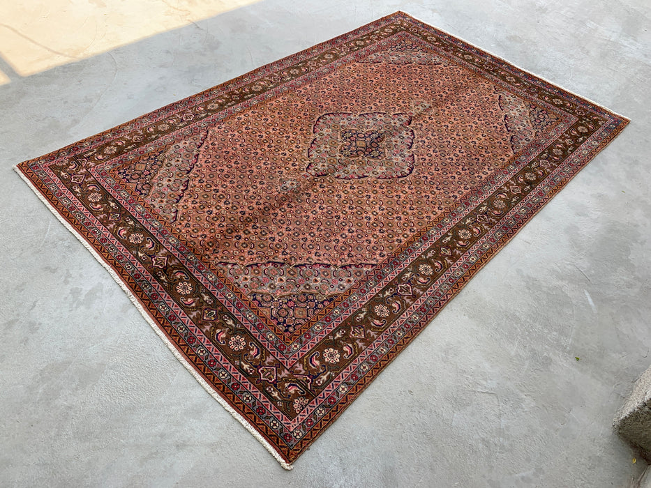 Handmade Persian Wool Area Rug 7x10 - Rose, Brown & Ivory Vintage Medallion Persian Style Rug - Exact Size 9'6" x 6'2" - KBHM-732