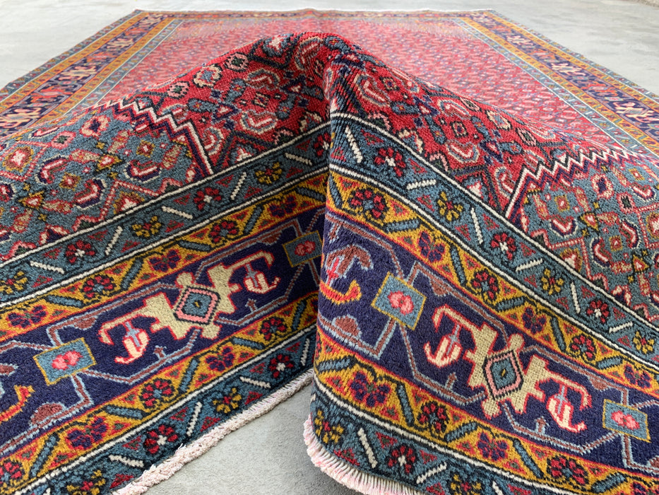 Handmade Persian Wool Area Rug 7x10 - Red, Blue & Ivory Vintage Medallion Persian Style Rug - Exact Size 9'5" x 6'3" - KBHM-733