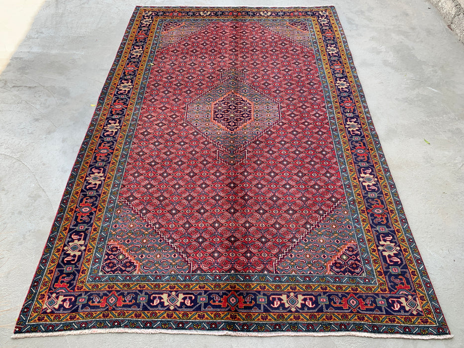 Handmade Persian Wool Area Rug 7x10 - Red, Blue & Ivory Vintage Medallion Persian Style Rug - Exact Size 9'5" x 6'3" - KBHM-733
