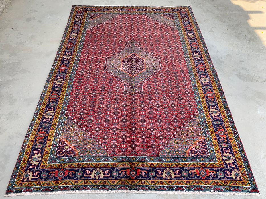 Handmade Persian Wool Area Rug 7x10 - Red, Blue & Ivory Vintage Medallion Persian Style Rug - Exact Size 9'5" x 6'3" - KBHM-733